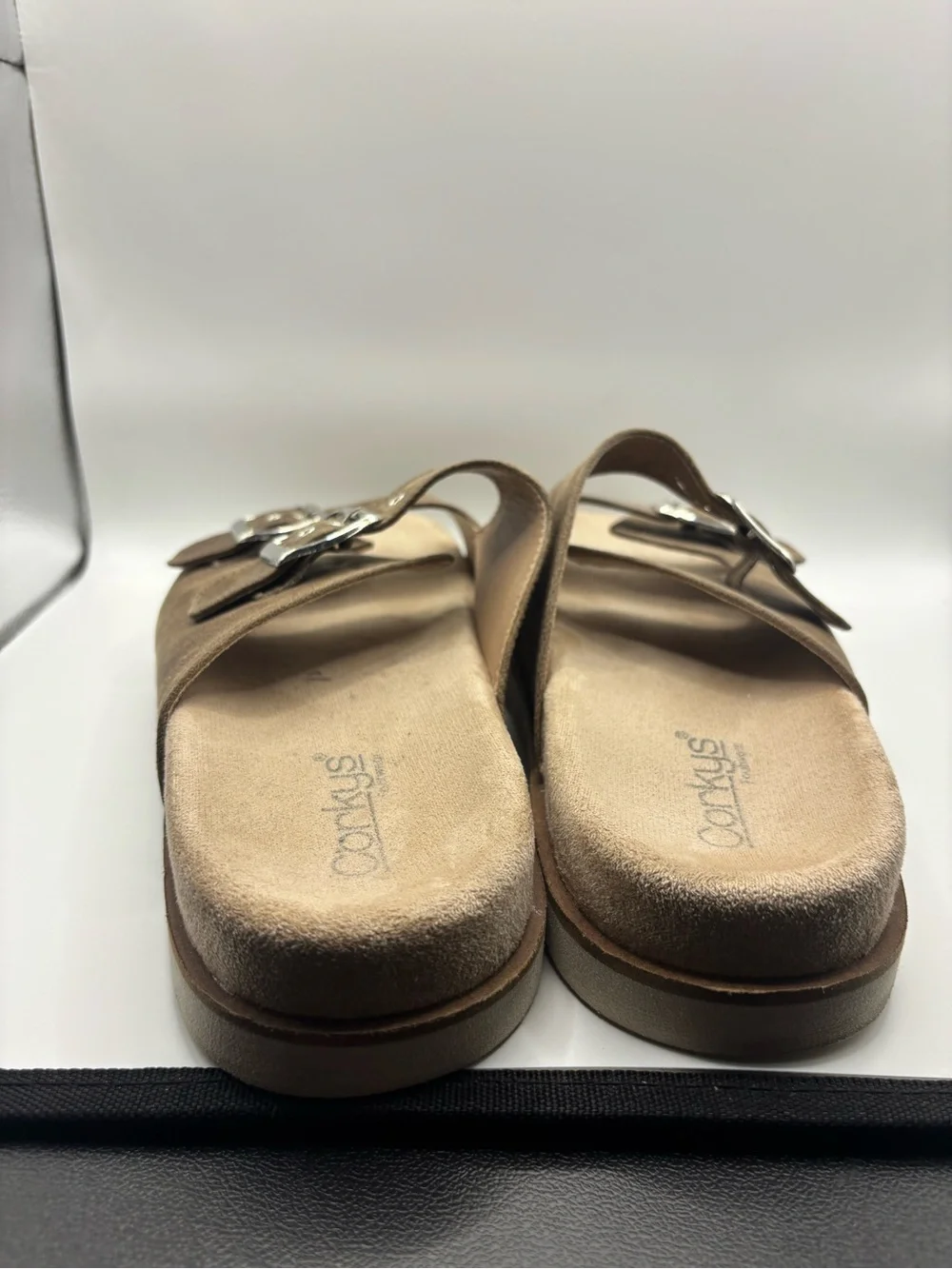 Corkys Taupe Suede Double-Buckle Slide Sandals
